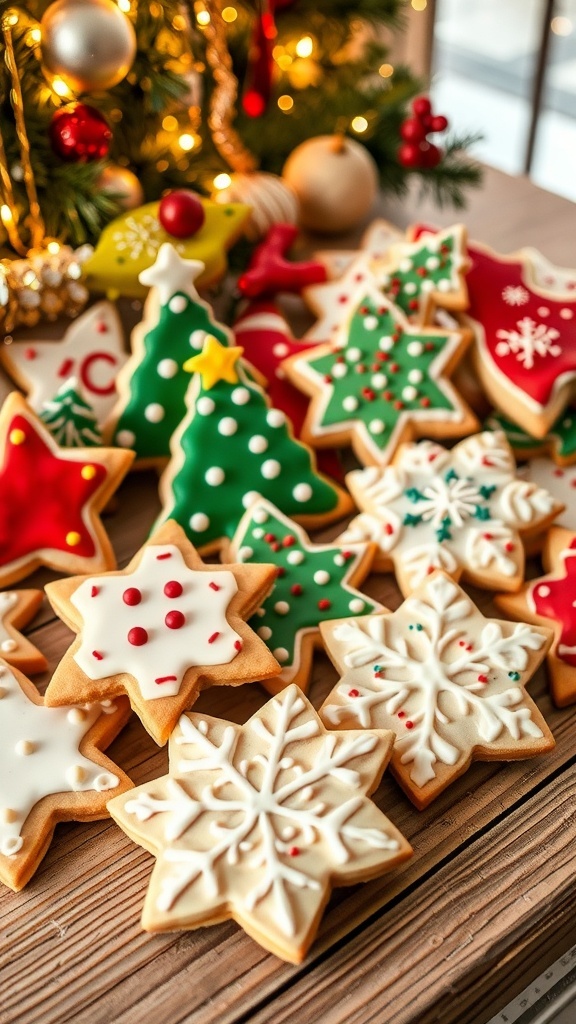 Decorated Christmas sugar cookies in festive shapes on a wooden table with holiday decorations.